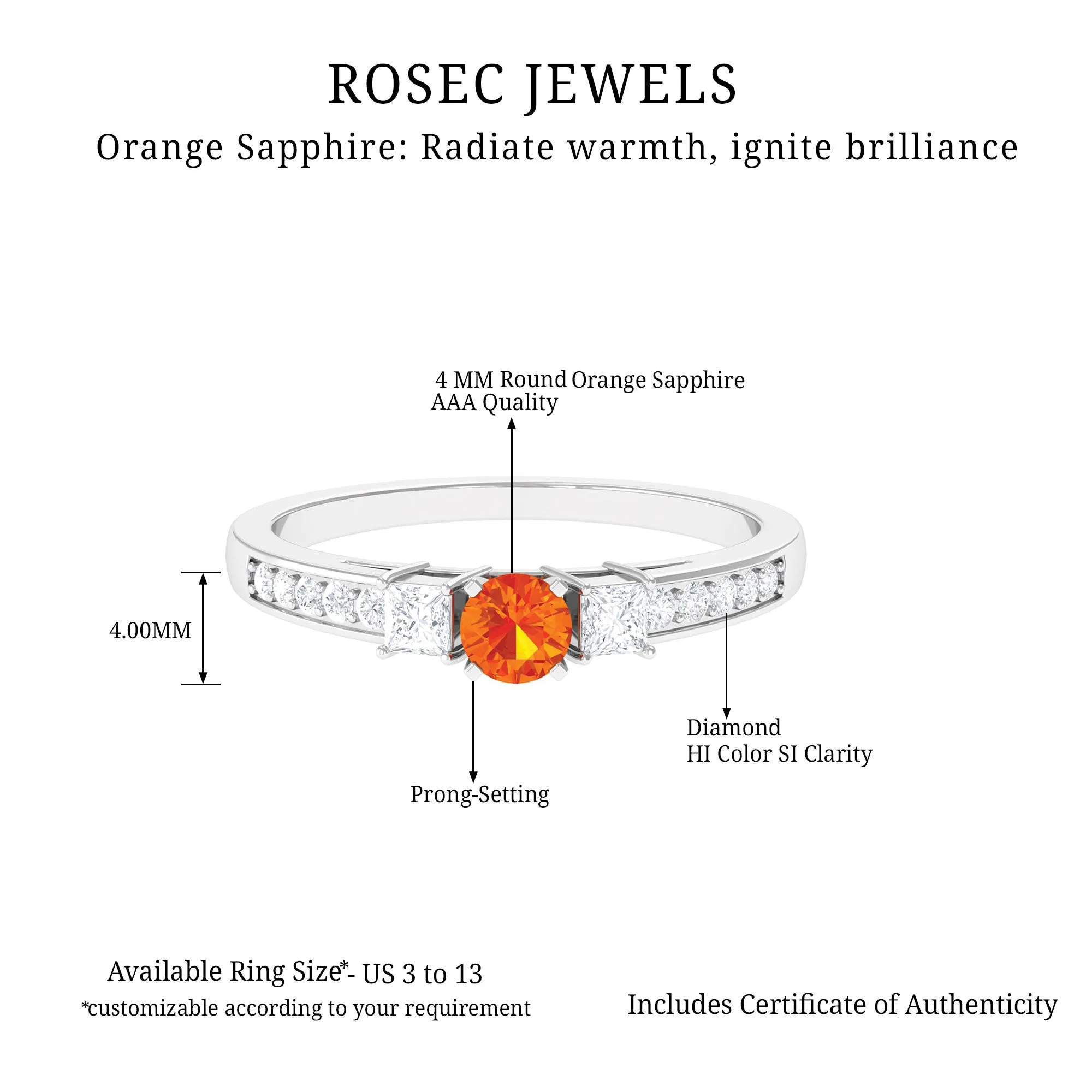 Classic Round Shape Orange Sapphire and Diamond Engagement Ring