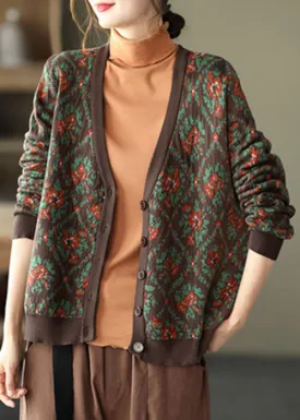 Classy Coffee Oversized Print Knit Cardigan Spring