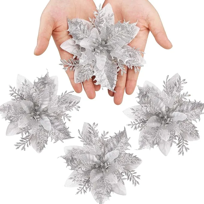 Clearance Bulk 14 Colors 6" Glitter Poinsettia Artificial Christmas Flowers Xmas Tree Ornaments Wholesale