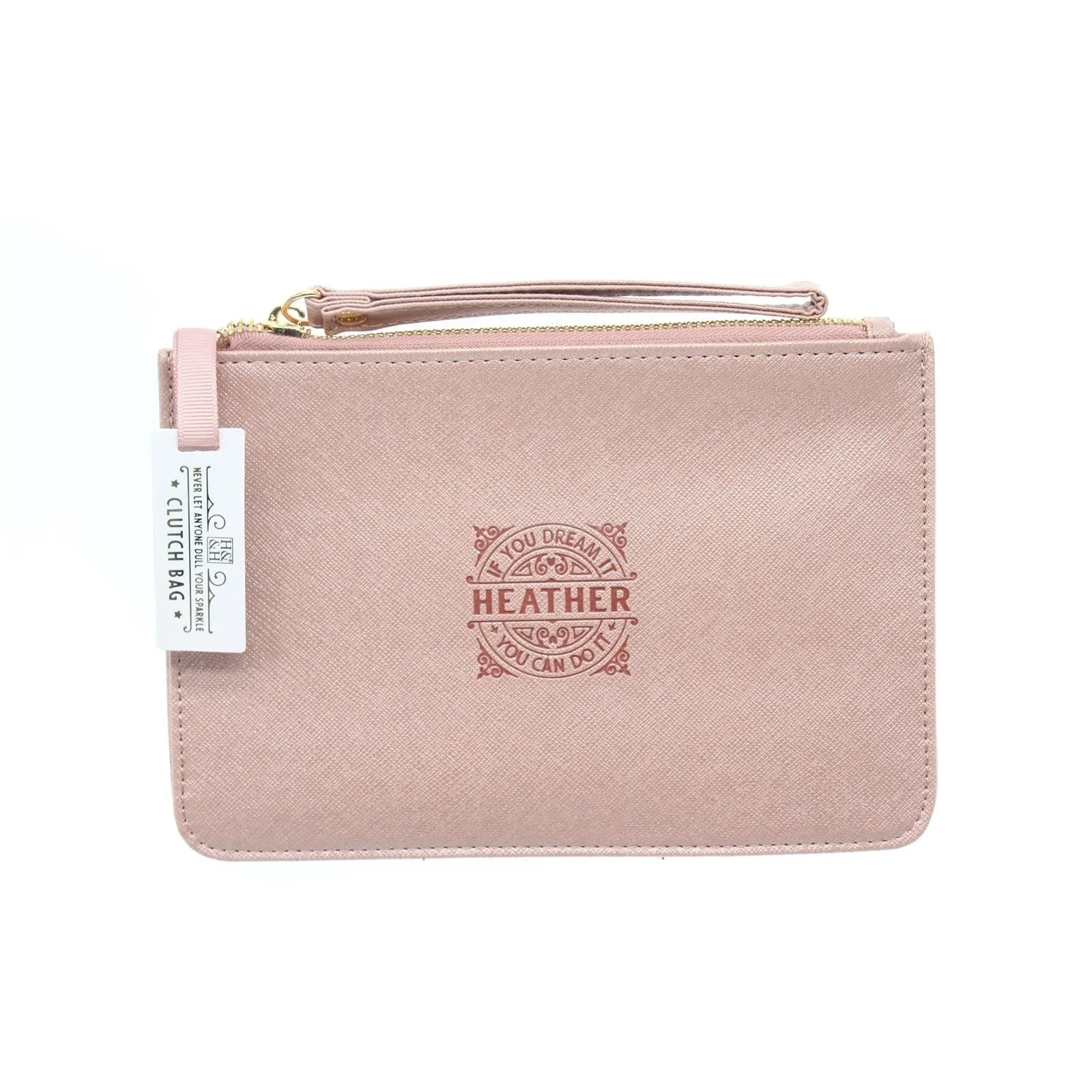 Clutch Bag With Handle & Embossed Text "Heather"