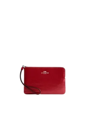 Coach Corner Zip Wristlet Patent Leather In Silver Red CW855