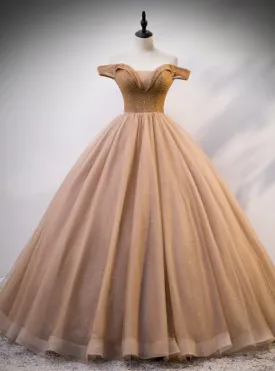 Coffee Color Ball Gown Off the Shoulder Tulle Beading Quinceanera Dress