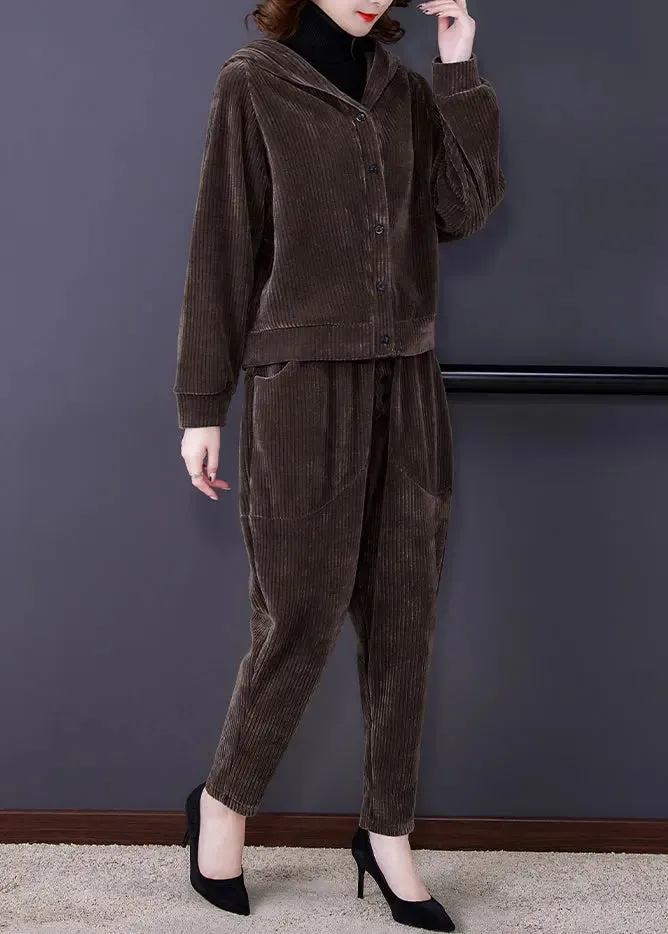 Coffee Patchwork Hooded Corduroy Coats And Harem Pants Two Pieces Set Fall ML0904