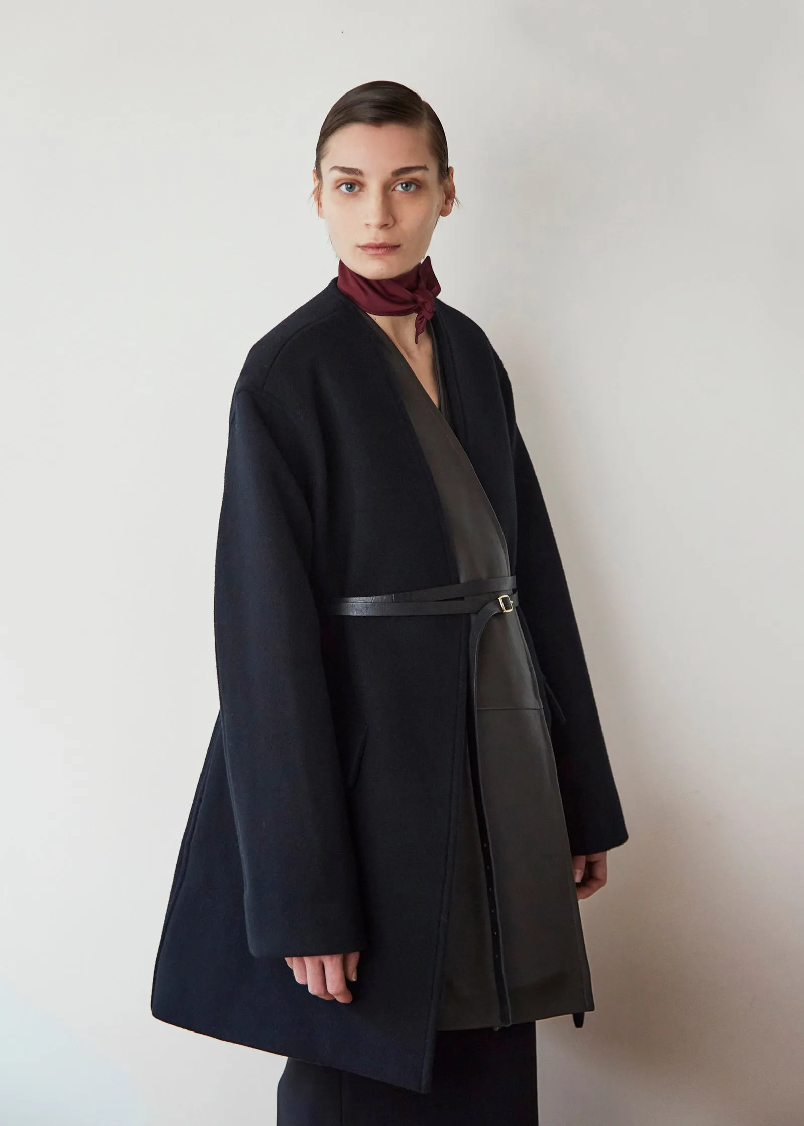 Collarless Coat in Melton Wool - Black