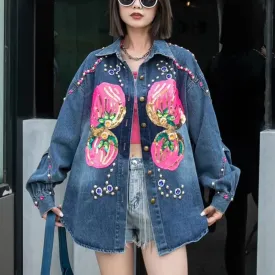 Colorblock Patchwork Diamond Casual Denim Blouses For Women Lapel Long Sleeve Spliced Single Breasted Blouse Female