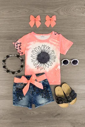 Coral Sunflower & Cheetah Denim Short Set