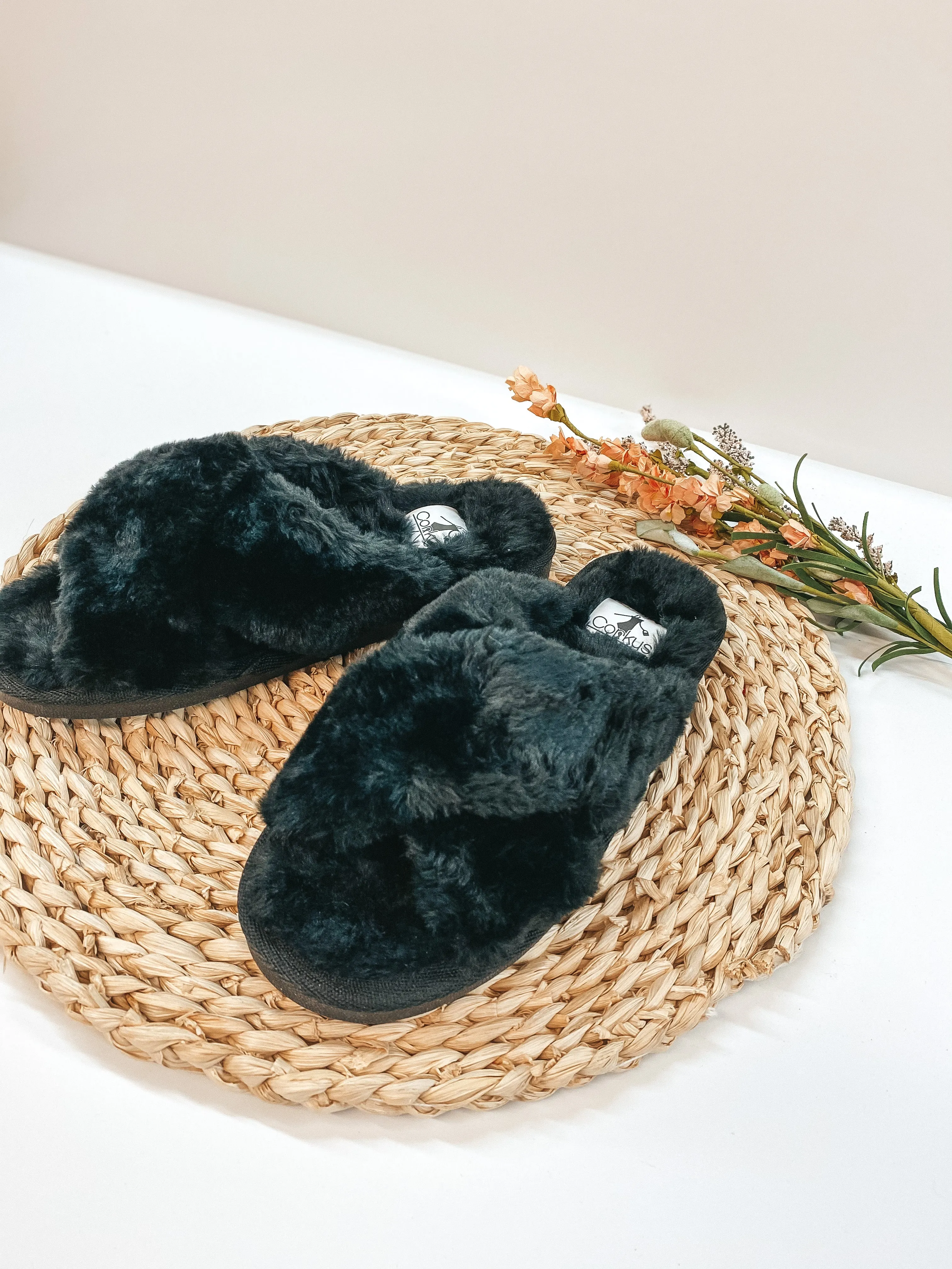 Corky's | Slumber Criss Cross Slide On Furry Slippers in Black