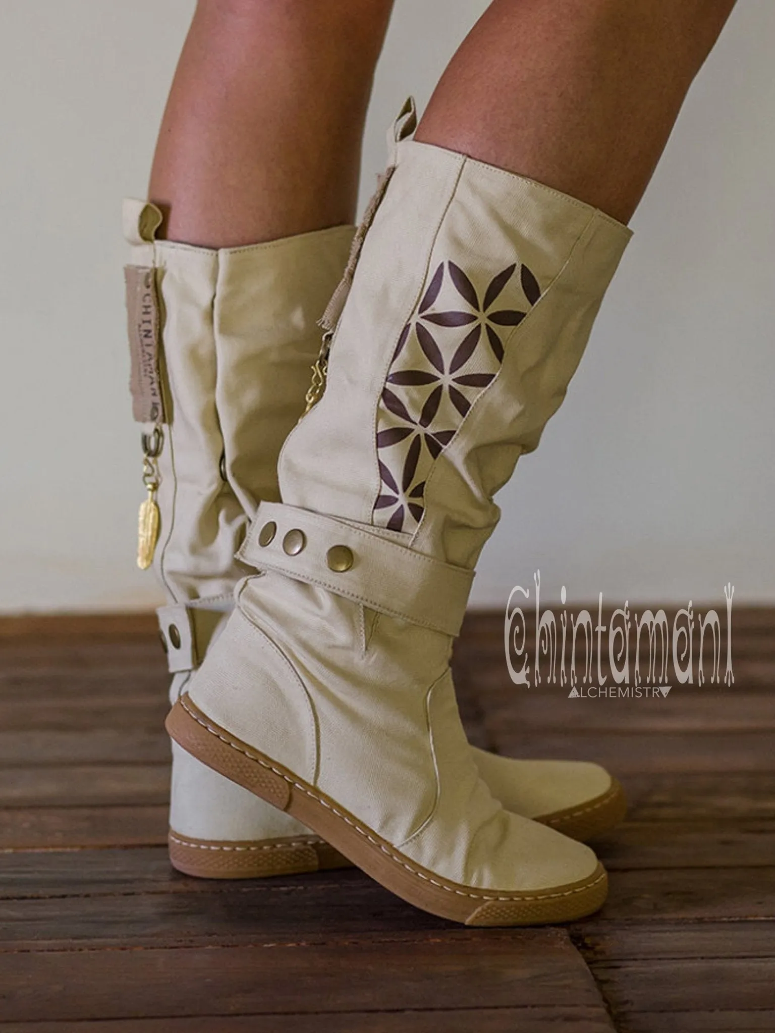 Cotton Canvas Vegan Boots / High Shoes with Flower of Life Print / Off White