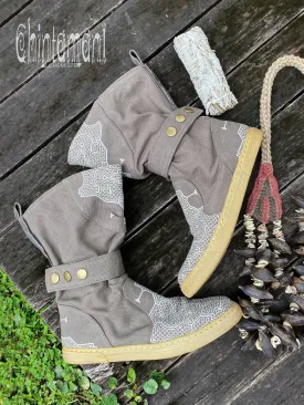 Cotton Canvas Vegan Boots / High Shoes with Shipibo Print / Grey