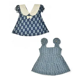 Cotton Dress for Baby Girl | Waves & Rose Design | Indigo Blue