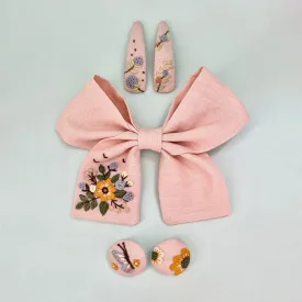 Cotton Linen Hair Clip Set | Bow Clip, Hair Pin & Hair Ties | Peach Pink | Set of 3