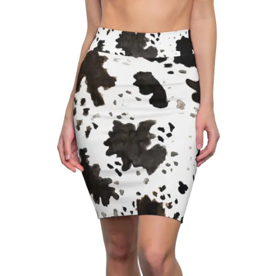 Cow Print Pencil Skirt, White Brown Black Designer Women's Pencil Skirt-Made in USA(Size XS-2XL)