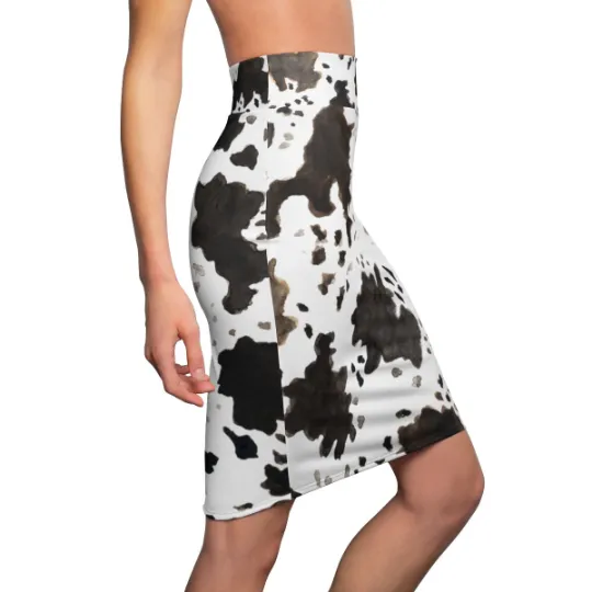 Cow Print Pencil Skirt, White Brown Black Designer Women's Pencil Skirt-Made in USA(Size XS-2XL)