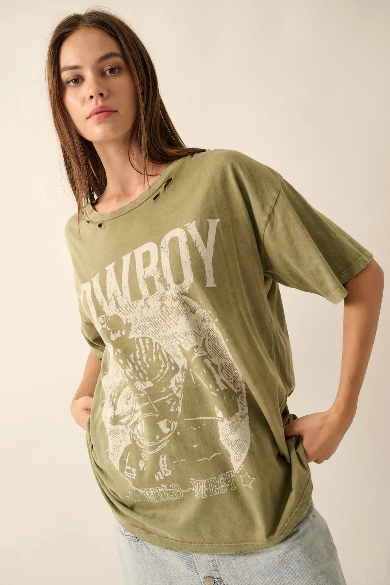 Cowboy Wild West Distressed Oversize Graphic Tee