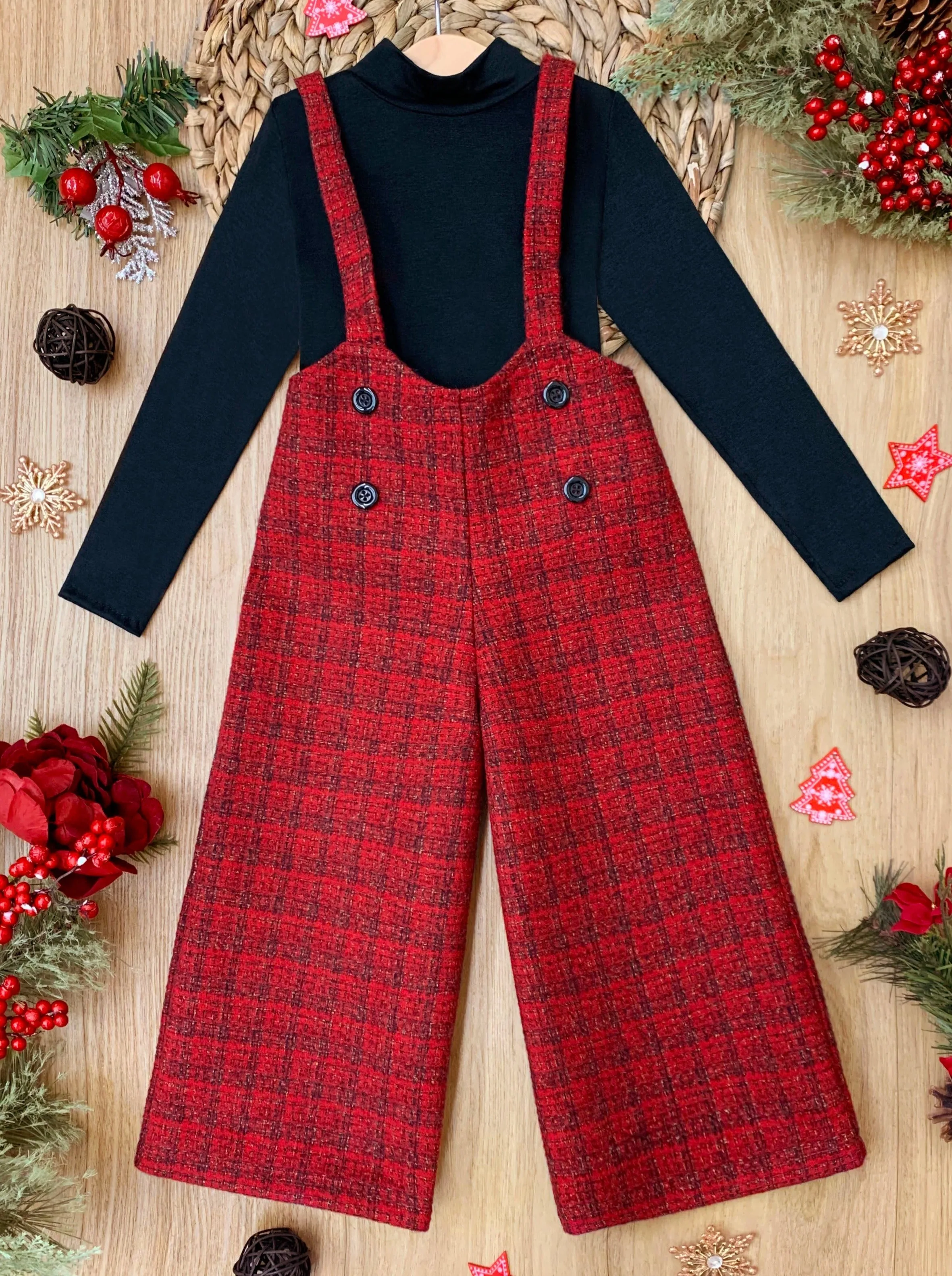 Cozy Couture Turtleneck Top and Flannel Overalls Set