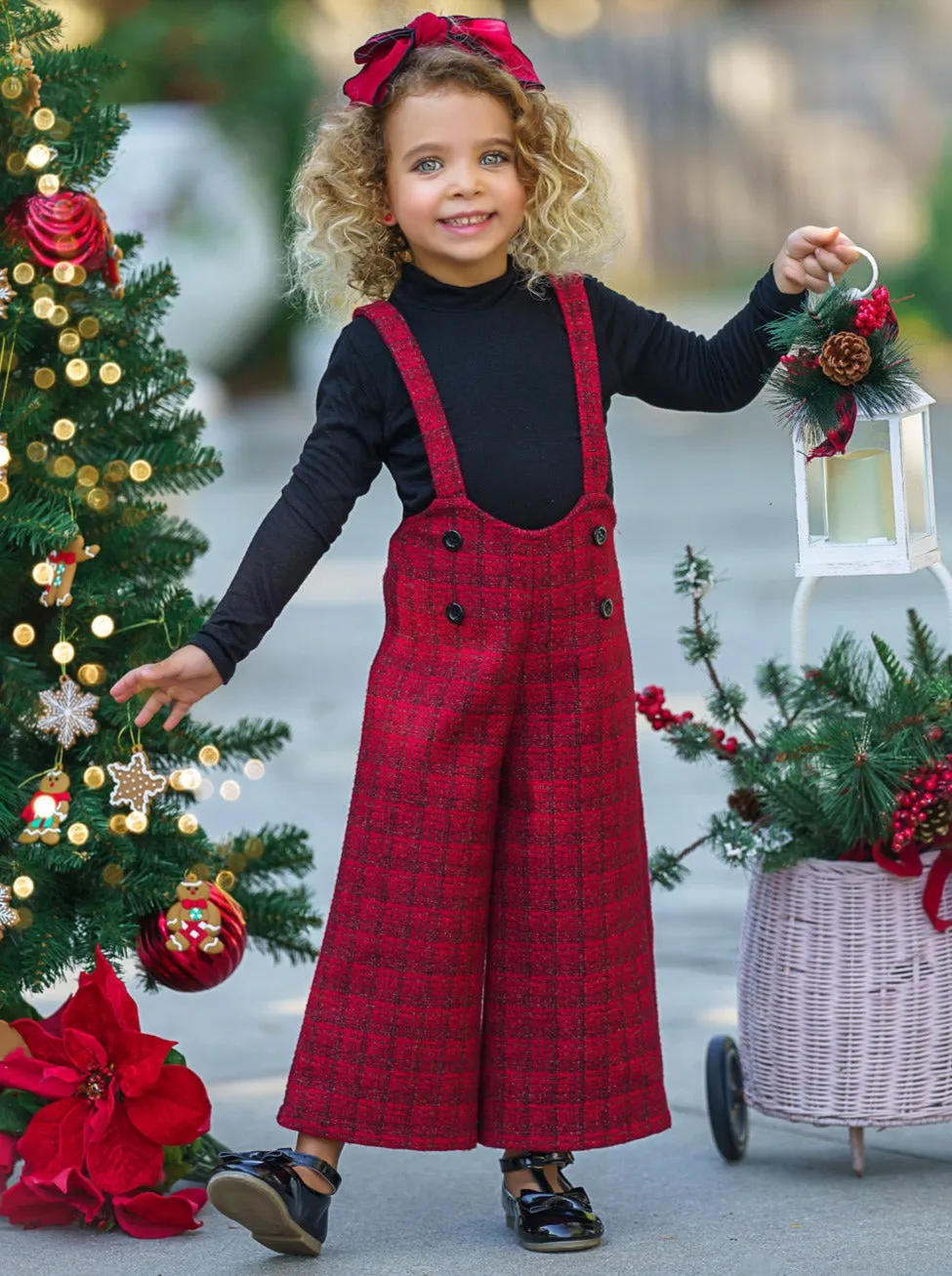 Cozy Couture Turtleneck Top and Flannel Overalls Set