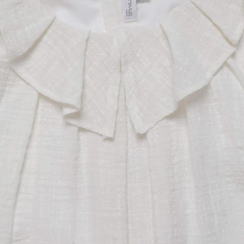 Cream Ruffle Blouse with Pink Textured Skirt