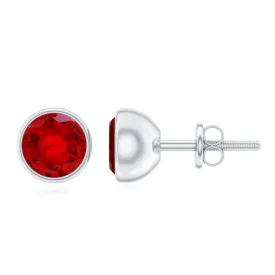 Created Ruby Solitaire Stud Earrings in Bezel Setting