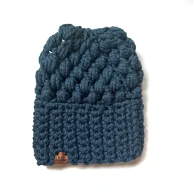 Crochet Puff Stitch Slouch Hat | Petrol Blue