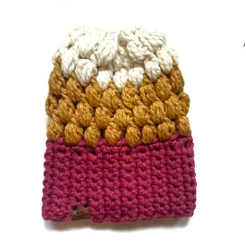 Crochet Puff Stitch Slouch Hat | Pink   Mustard   Cream