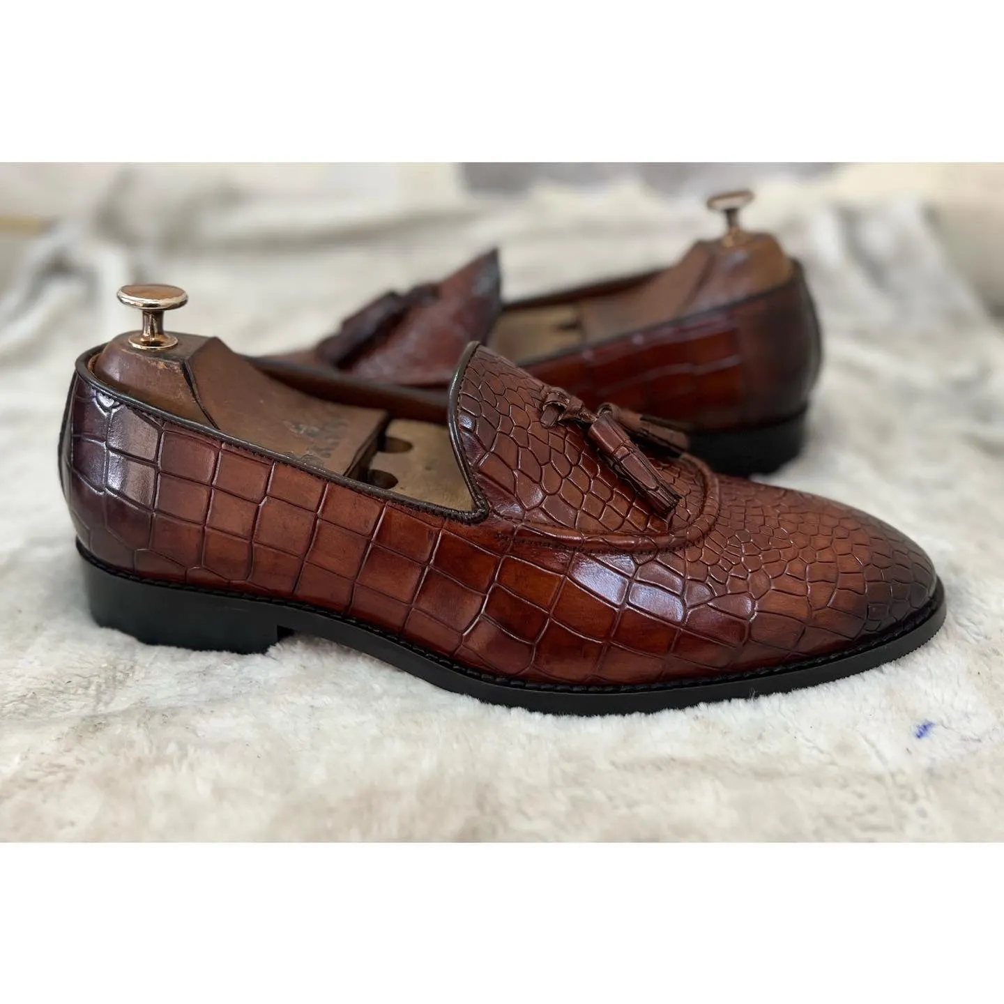 Crocodile Tassel Loafers - Brown