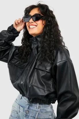 CROPPED FAUX LEATHER BOMBER JACKET