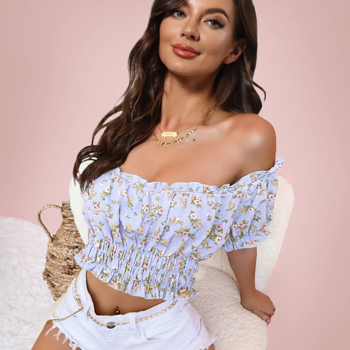 Cropped Off-Shoulder Frill Trim Smocked Blouse