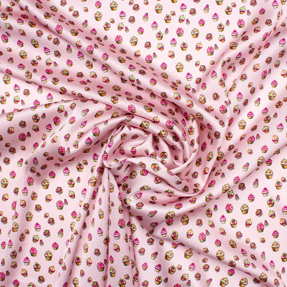 Cupcake Printed Baby Pink Stretch Silk Satin