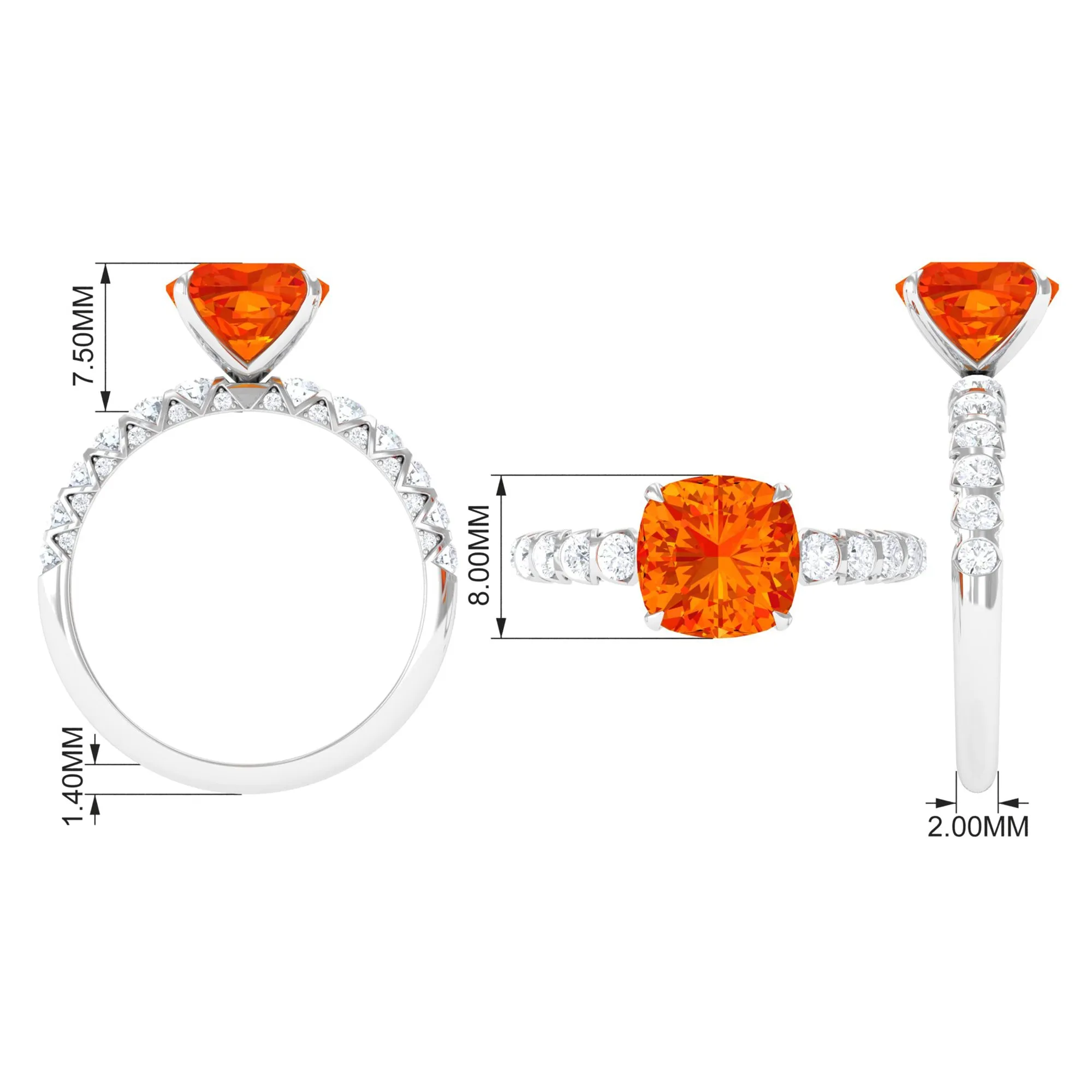 Cushion Cut Created Orange Sapphire Engagement Ring with Diamond