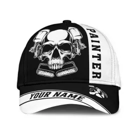 Custom Name Painter Classic Cap Black Skull, Painter Skull Hat Men Women