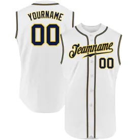 Custom White Navy-Gold Authentic Sleeveless Baseball Jersey