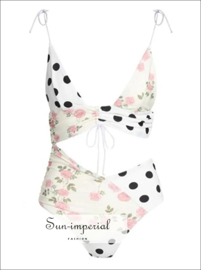 Cut out One-piece Swim Patchwork Dot Printed Women Swimsuit