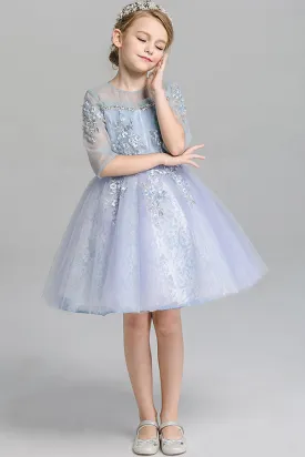 Cute Half Sleeves Round Neck Lace Tulle Appliques Flower Girl Dresses