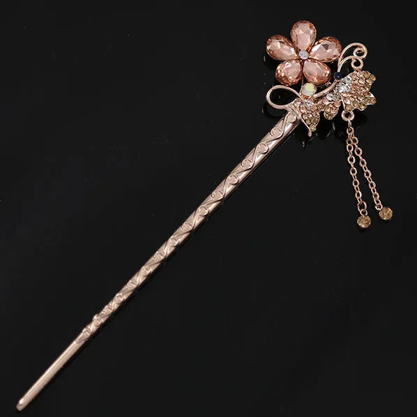 Czech Rhinestone Flower & Butterfly Gold Finish Hair Stick w/ Tassels