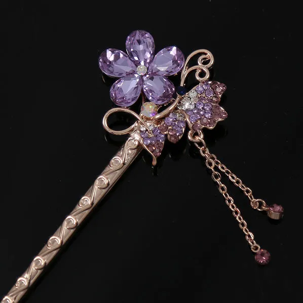 Czech Rhinestone Flower & Butterfly Gold Finish Hair Stick w/ Tassels