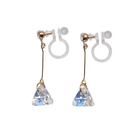 Dangle Aurora Borealis Triangle Swarovski Crystal Invisible Clip On Earrings (Gold tone)