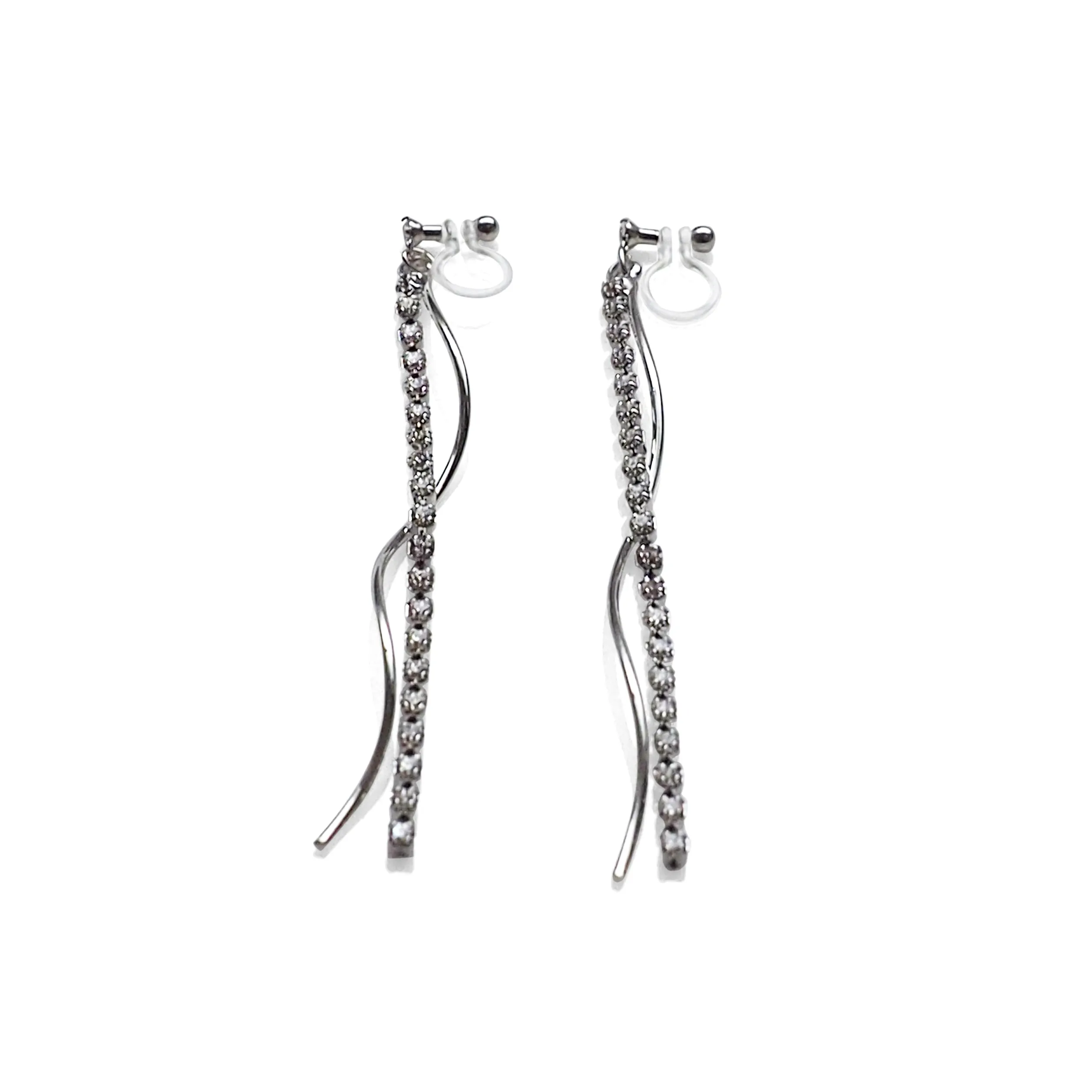 Dangle rhinestone chain and wave bar invisible clip on earrings ( Silver tone )