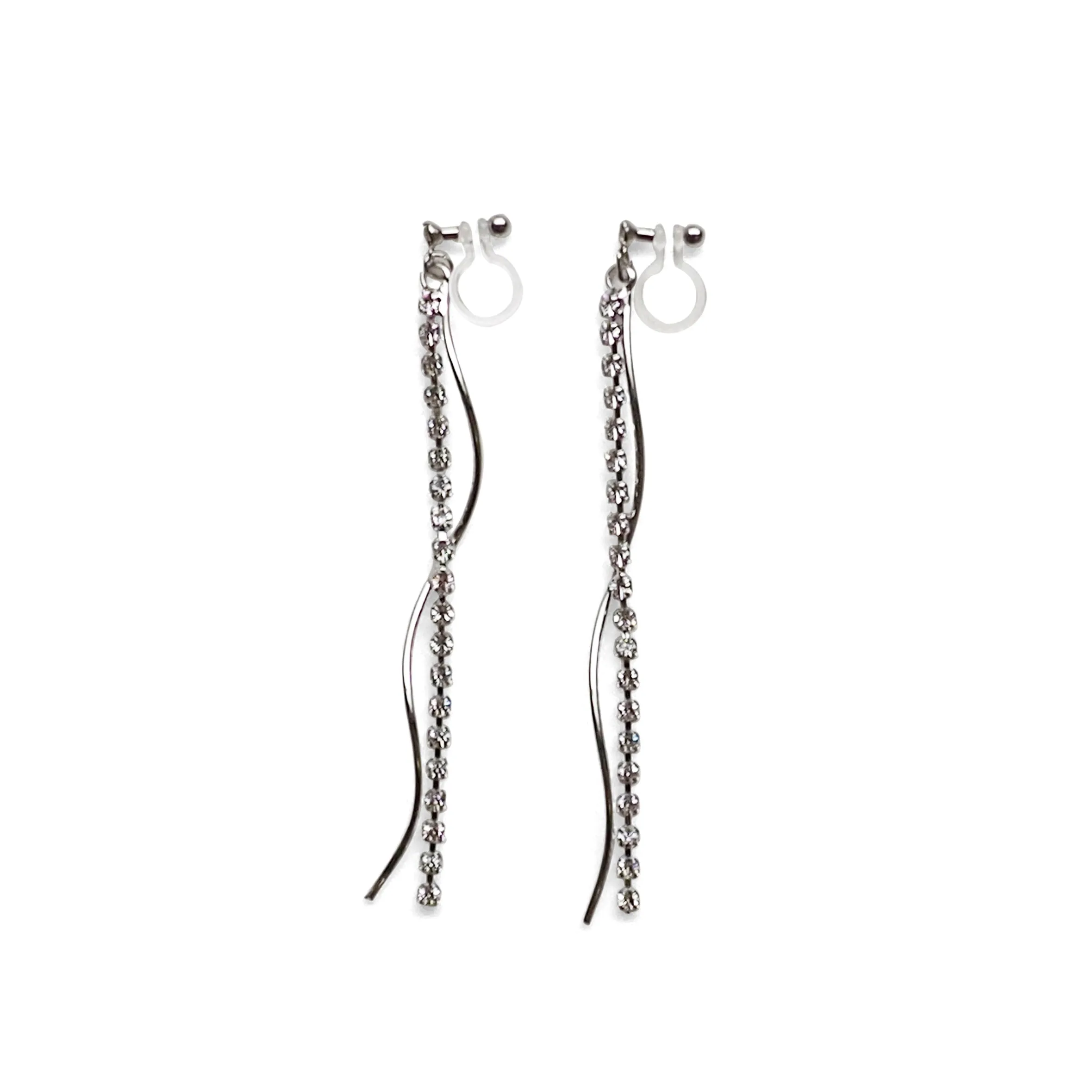 Dangle rhinestone chain and wave bar invisible clip on earrings ( Silver tone )