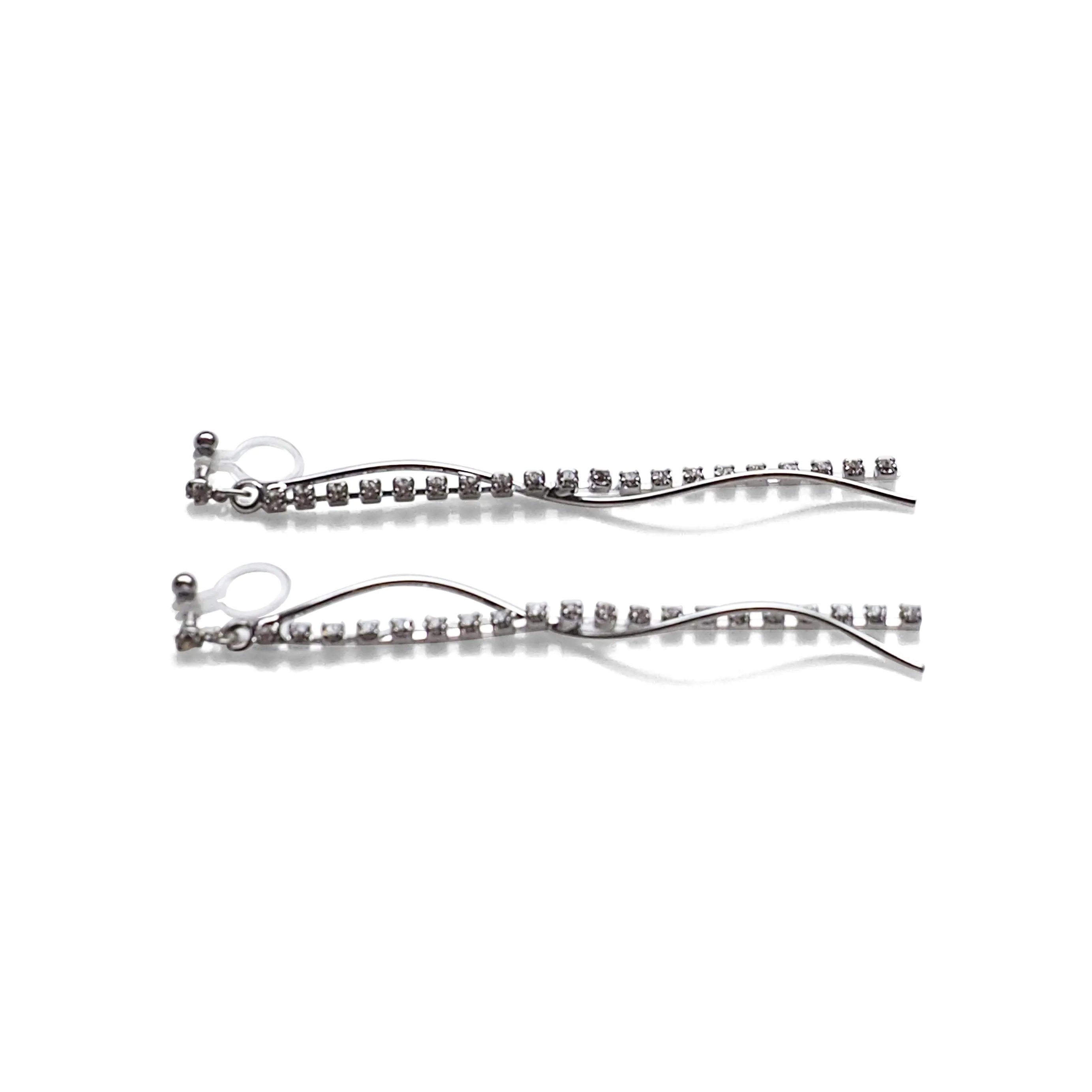 Dangle rhinestone chain and wave bar invisible clip on earrings ( Silver tone )