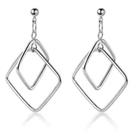 Dangle Silver Double Square Hoop Screw-Back Clip On Earrings