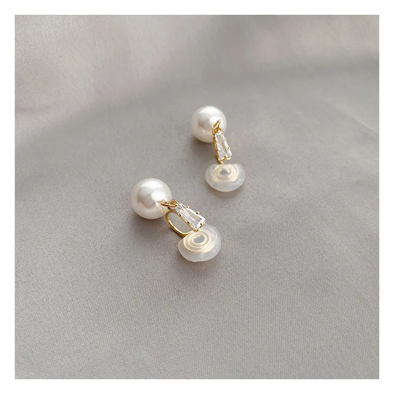 Dangle White Pearl with Crystal Rhinestone Spiral Clip On Earrings