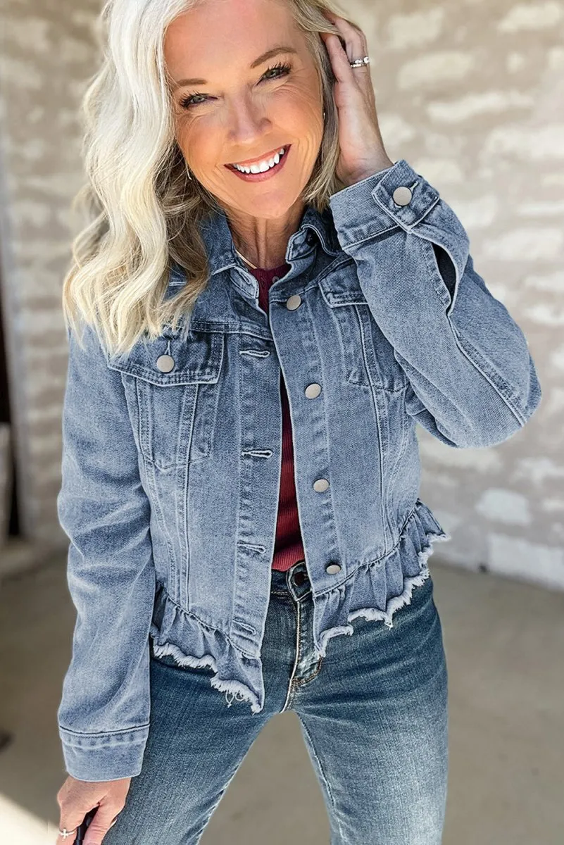 Dani Ruffle Distressed Denim Jacket