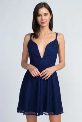 Dark Blue Low Neckline Flare Lace Dress