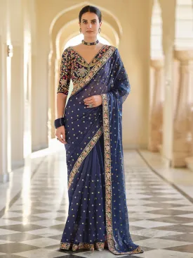 Dark Blue Organza Embroidered Saree With Unstitched Blouse