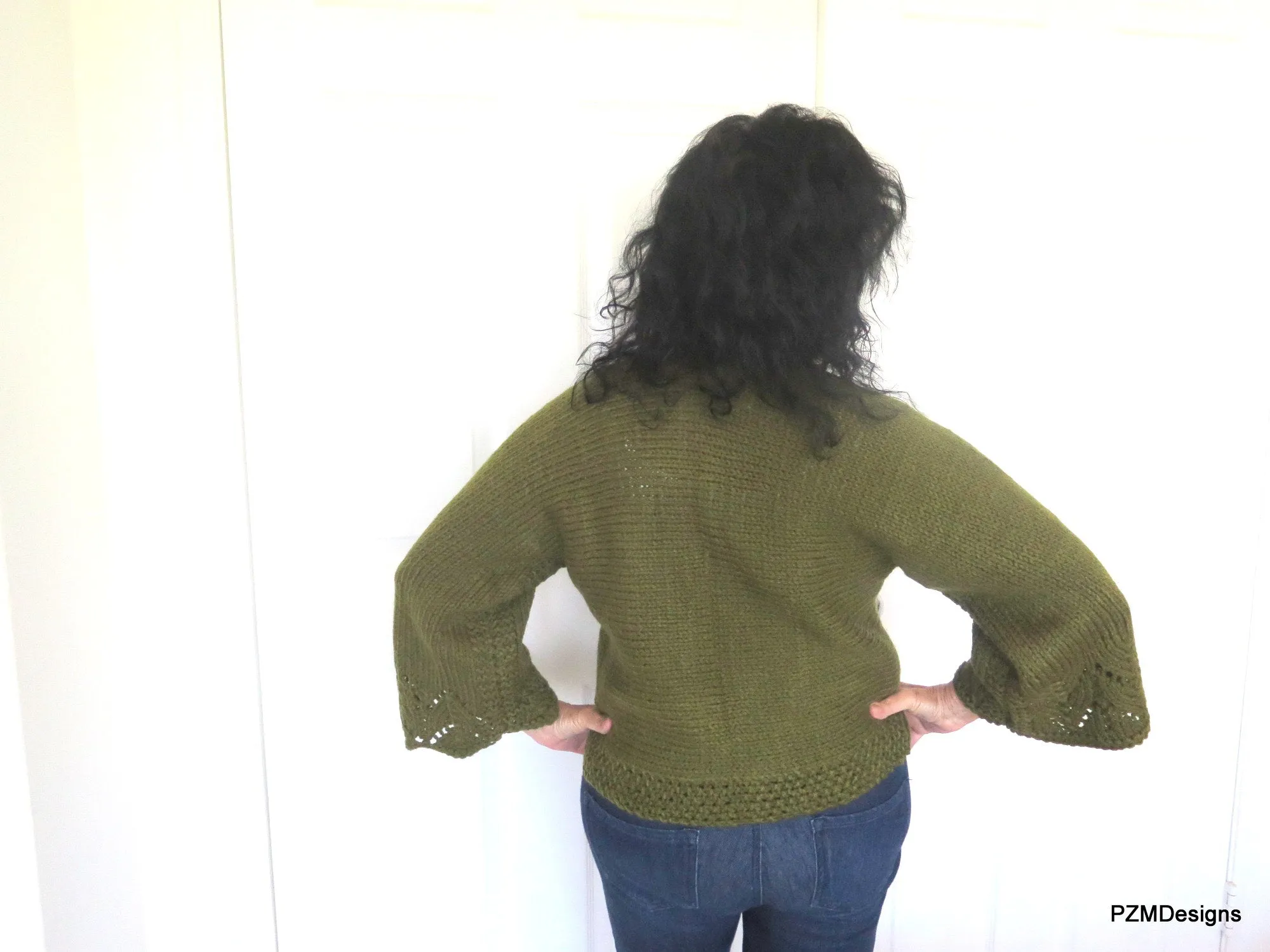 Dark Green Hand Knit Cardigan Sweater