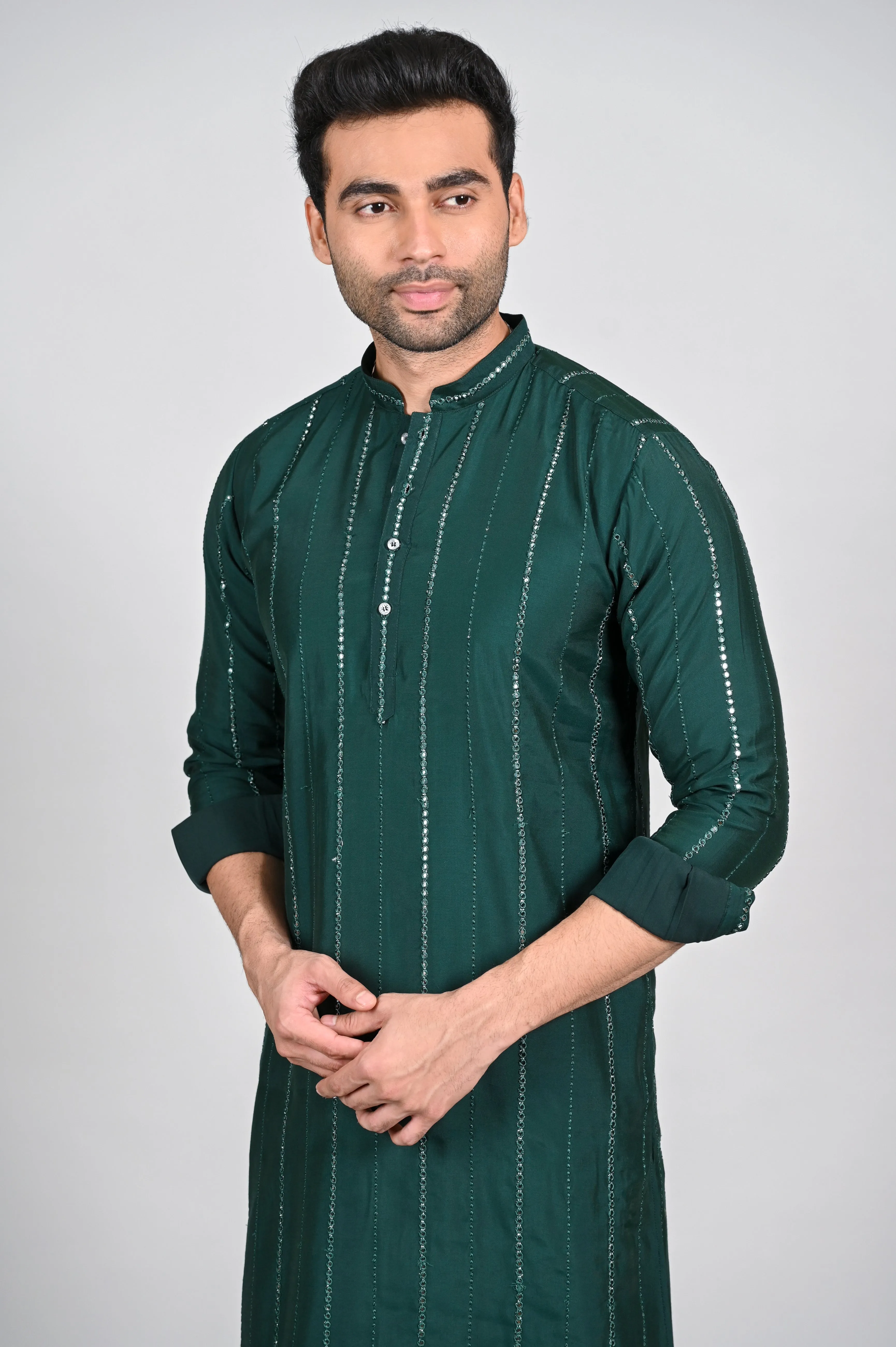 Dark Green Men's Kurta Pajama with Mirror Work