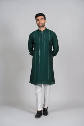 Dark Green Men's Kurta Pajama with Mirror Work