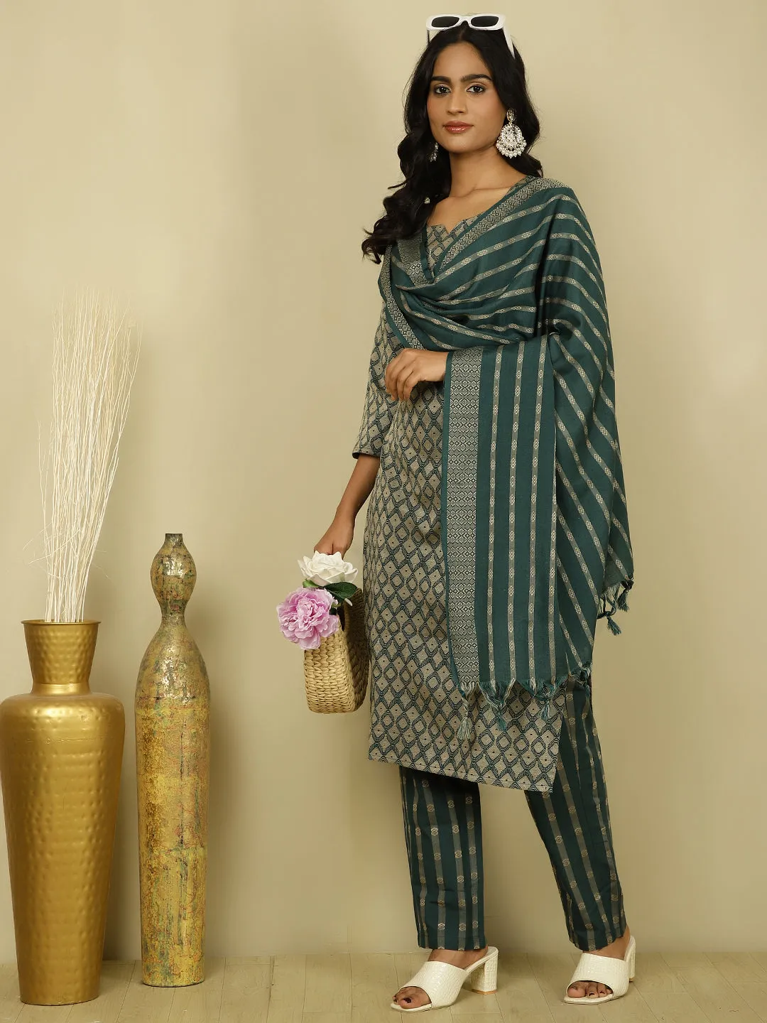 Dark Green Self-Design Festive Suit Set