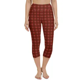 Dark Red Plaid Capri Leggings, Traditional Tartan Print Yoga Capris Tights-Made in USA/EU