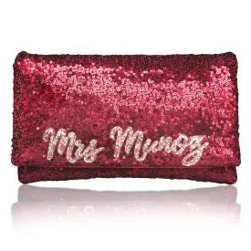 Dark red sequin personalised MRS surname clutch